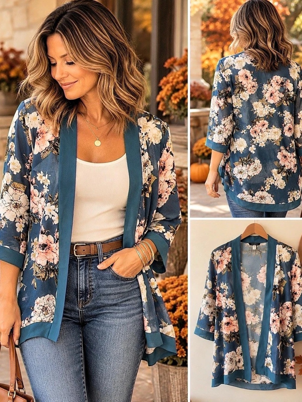 Papa Vancouver Floral Kimono Jacket in Blue & Pink Size Medium Like New